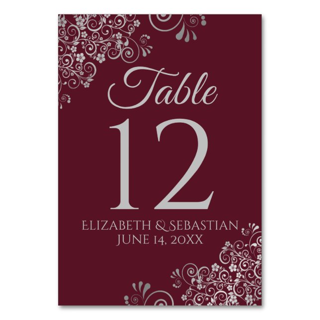 Burgundy & Gray Elegant Filigree Wedding Table Number (Back)