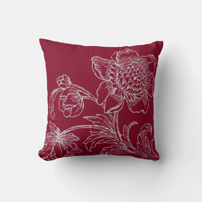 Burgundy & Gray Elegant Flowers in Bloom Throw Pillow (Front)