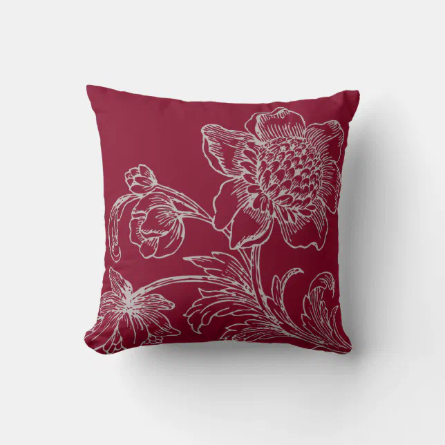 Burgundy & Gray Elegant Flowers in Bloom Throw Pillow | Zazzle