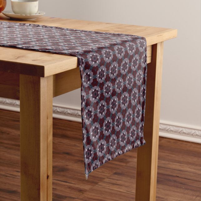 Burgundy & Gray Floral Painted Quilt Short Table Runner (In Situ)