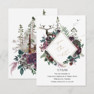 Burgundy & Gray Floral with Deer Save the Date