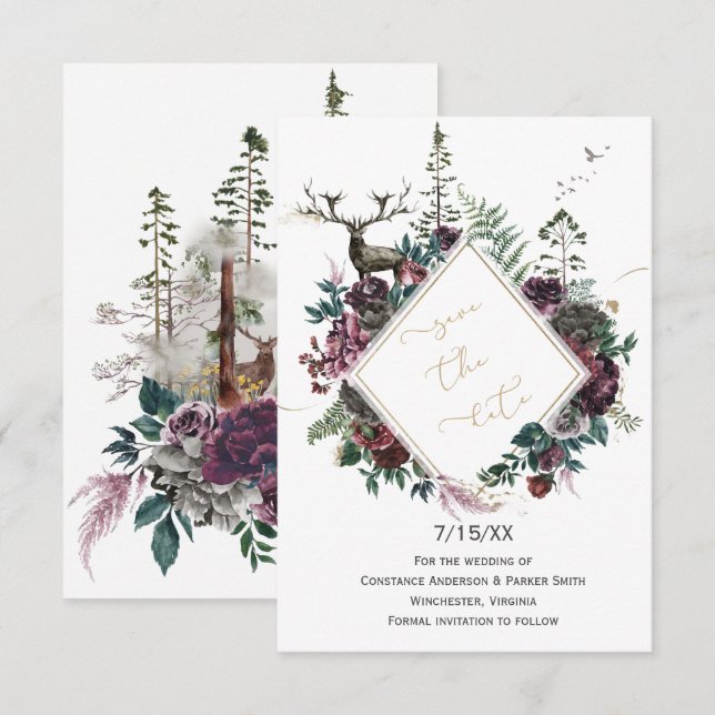 Burgundy & Gray Floral with Deer Save the Date (Front/Back)