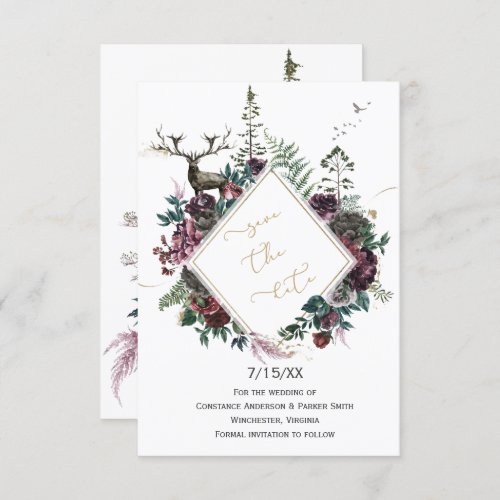 Burgundy  Gray Floral with Deer Save the Date