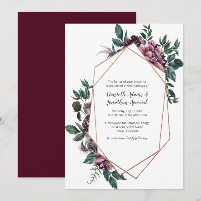 Burgundy Gray Geometric Floral Wedding Invitation (Front/Back)