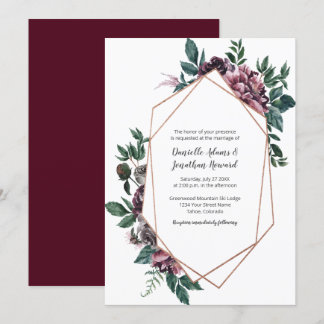 Burgundy Gray Geometric Floral Wedding Invitation