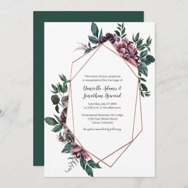 Burgundy Gray Geometric Floral Wedding Invitation (Front/Back)