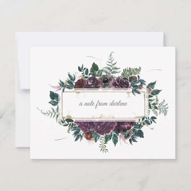 Burgundy Gray Green Watercolor Floral Frame Note Card
