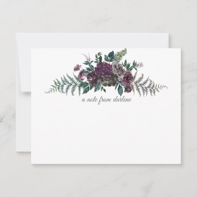 Burgundy Gray Green Watercolor Floral Monogram Note Card (Front)