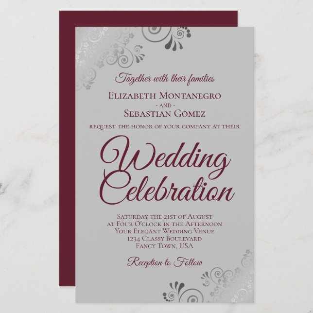 Burgundy & Gray Lace BUDGET Wedding Invite Large (Front/Back)