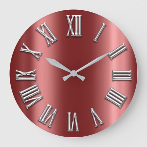 Burgundy  Gray Metallic Grey Silver Roman Number Large Clock