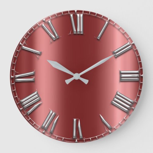 Burgundy Gray Metallic Red Silver Roman Numbers Large Clock