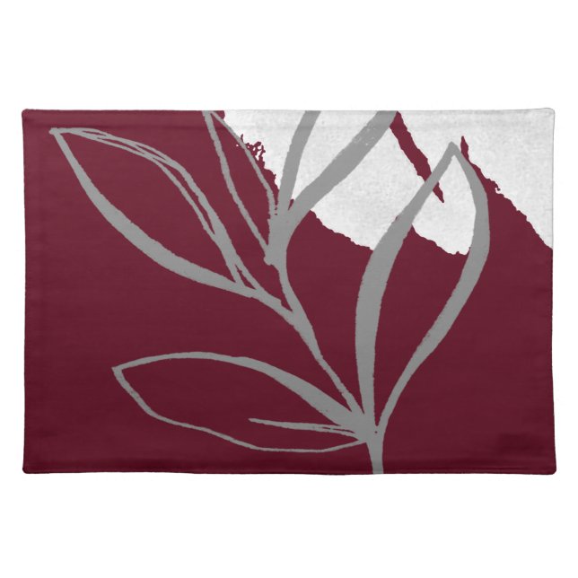 Burgundy & Gray Minimalist Watercolor Leaves Cloth Placemat (Front)