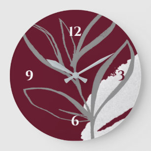 Burgundy & Gray Minimalist Watercolor Leaves Large Clock