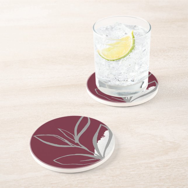 Burgundy & Gray Minimalist Watercolor Leaves Stone Coaster (Side)