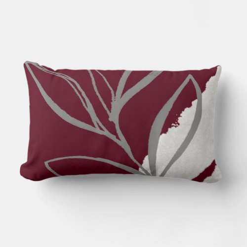 Burgundy  Gray Minimalist Watercolor Leaves Throw Lumbar Pillow