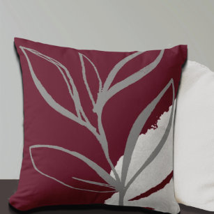Burgundy & Gray Minimalist Watercolor Leaves Throw Pillow