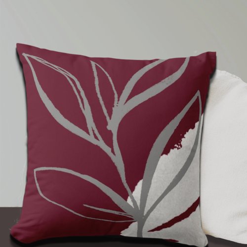 Burgundy  Gray Minimalist Watercolor Leaves Throw Pillow
