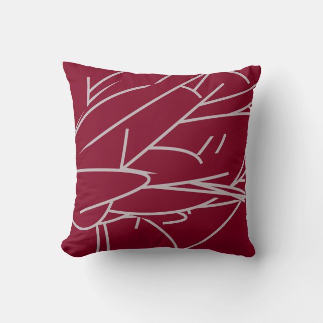 Burgundy & Gray Modern Elegant Abstract Feather Throw Pillow (Front)