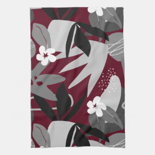 Burgundy & Gray Modern Tropical Leaf Pattern Kitchen Towel