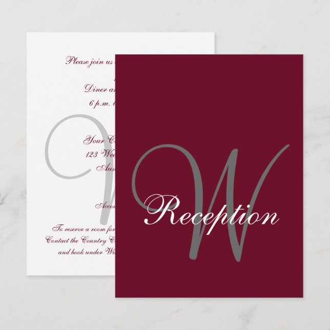 Burgundy Gray Monogram Elegant Wedding Reception Invitation (Front/Back)