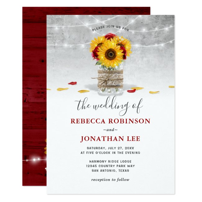 Burgundy Gray Red Rose Sunflower Rustic Wedding Invitation