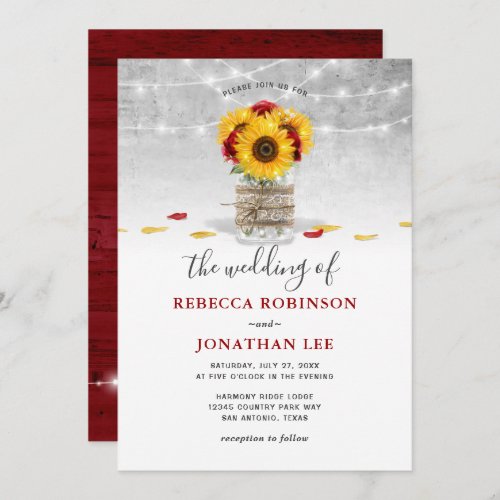 Burgundy Gray Red Rose Sunflower Rustic Wedding Invitation