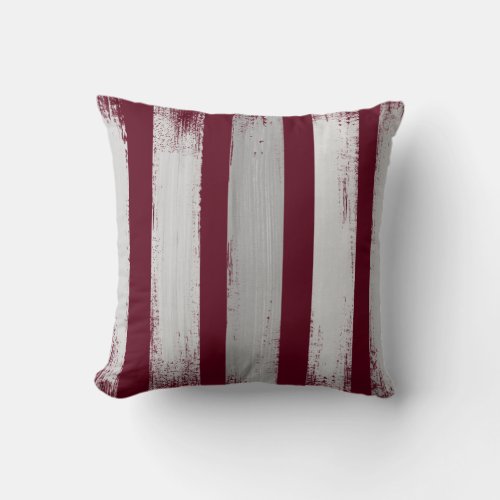 Burgundy  Gray Striped Brush Strokes Throw Pillow