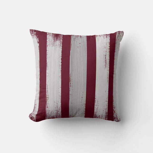Burgundy & Gray Striped Brush Strokes Throw Pillow (Front)