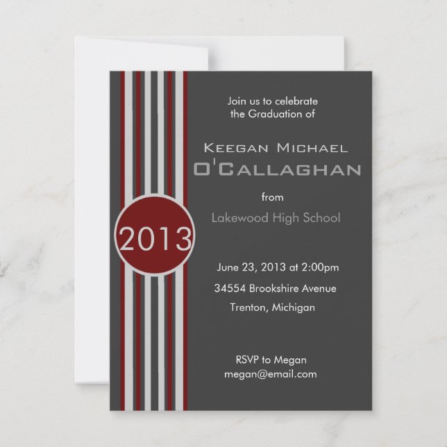 Burgundy Gray Striped Graduation Party Invitation (Front)