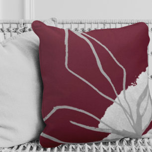Burgundy & Gray Watercolor Botanical Leaves Throw Pillow