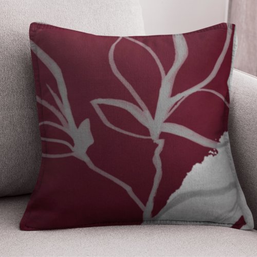 Burgundy  Gray Watercolor Leaf Design Throw Pillow