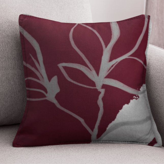 Burgundy & Gray Watercolor Leaf Design Throw Pillow (Creator Uploaded)