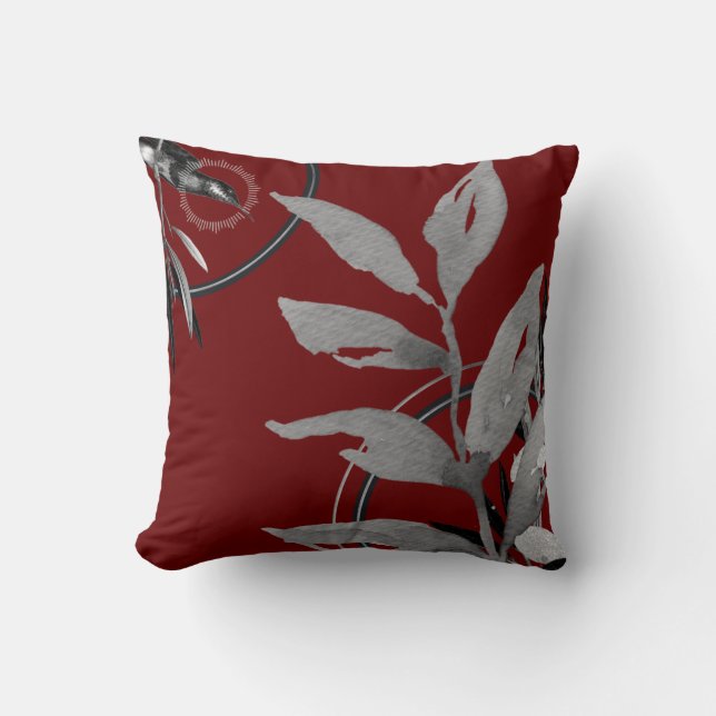 Burgundy & Gray Watercolor Leaves Hummingbird Throw Pillow (Front)