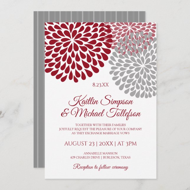 Burgundy & Gray Wedding Invitations | Floral & Fun (Front/Back)