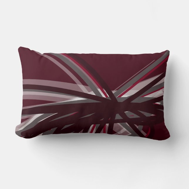 Burgundy Gray & White Artistic Abstract Ribbons Lumbar Pillow (Front)