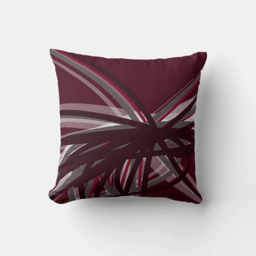 Burgundy Gray  White Artistic Abstract Ribbons Throw Pillow