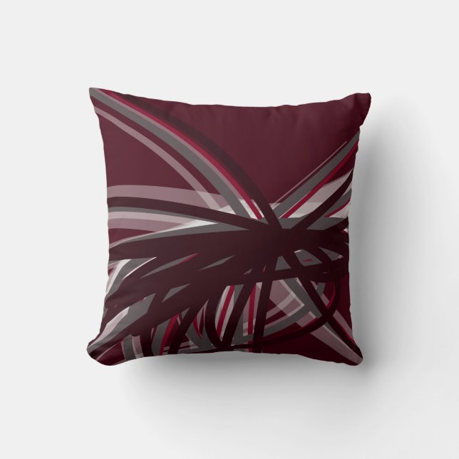Burgundy Gray & White Artistic Abstract Ribbons Throw Pillow (Front)