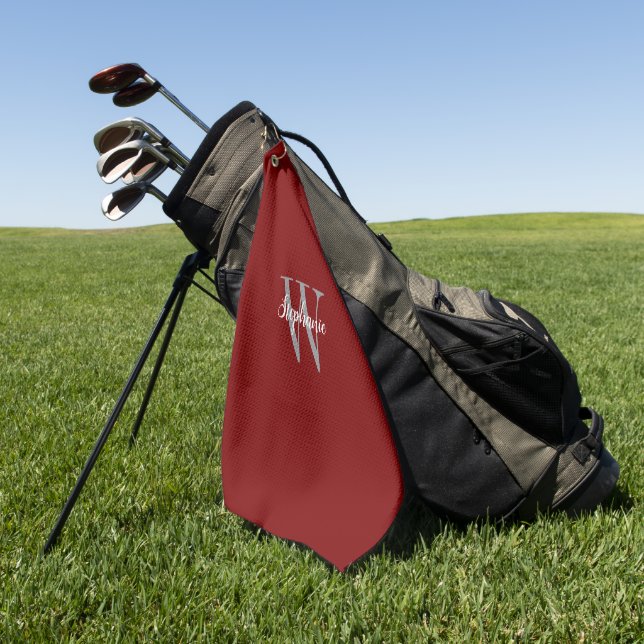 Burgundy Gray White Monogram Personalized Golf Towel (Green)