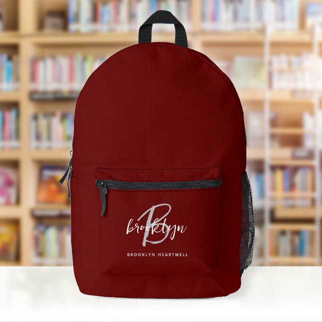 Burgundy Gray White Script Monogram Name Printed Backpack (Creator Uploaded)