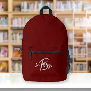 Burgundy Gray White Script Monogram Printed Backpack