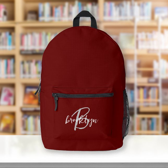 Burgundy Gray White Script Monogram  Printed Backpack (Creator Uploaded)