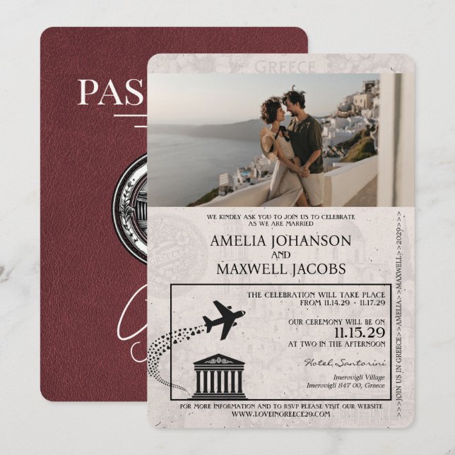 Burgundy Greece Passport Wedding Invitation (Front/Back)