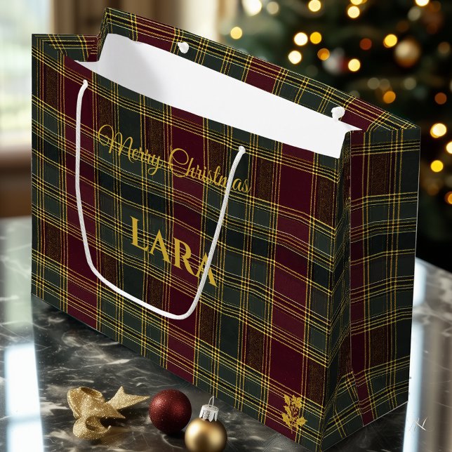 Burgundy, Green, and Yellow Plaid Christmas  Large Gift Bag (Creator Uploaded)