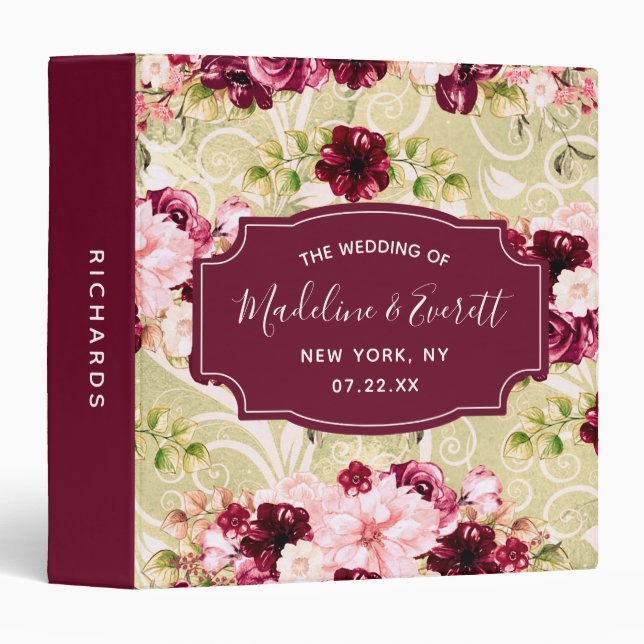 Burgundy Green & Blush Pink Wedding Photo Album 3 Ring Binder (Front/Spine)