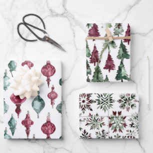 Burgundy Green Christmas Ornaments Trees Snowflake Wrapping Paper Sheets