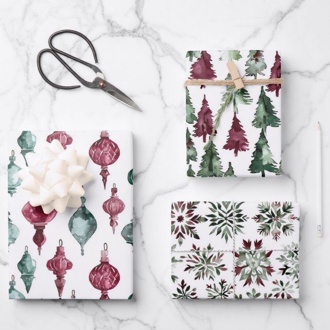 Burgundy Green Christmas Ornaments Trees Snowflake Wrapping Paper Sheets (Front)