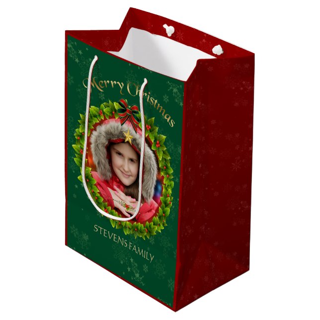 Burgundy & Green Christmas Wreath Photo Frame 2 Medium Gift Bag (Front Angled)
