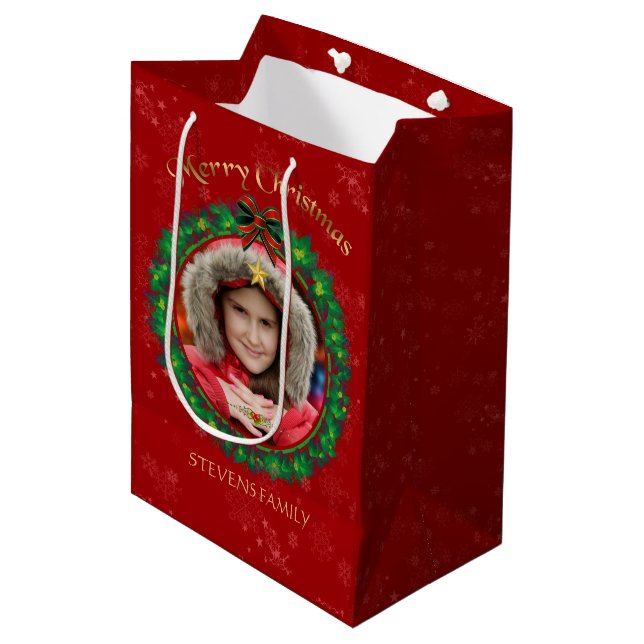 Burgundy & Green Christmas Wreath Photo Frame Medium Gift Bag (Front Angled)