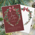 Burgundy Green Christmas Wreath Winter Wedding Invitation<br><div class="desc">Burgundy Green Christmas Wreath Winter Wedding Invitation. Set a warm and festive tone with this elegant burgundy winter wedding invitation. Featuring a holiday wreath of pine,  berries,  and ribbon,  it’s perfect for a Christmas wedding with romantic seasonal charm. Ideal for cozy winter celebrations with a formal touch.</div>
