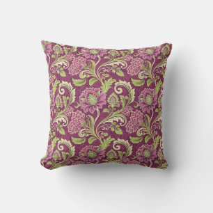 Burgundy & Green Floral Damask Throw Pillow